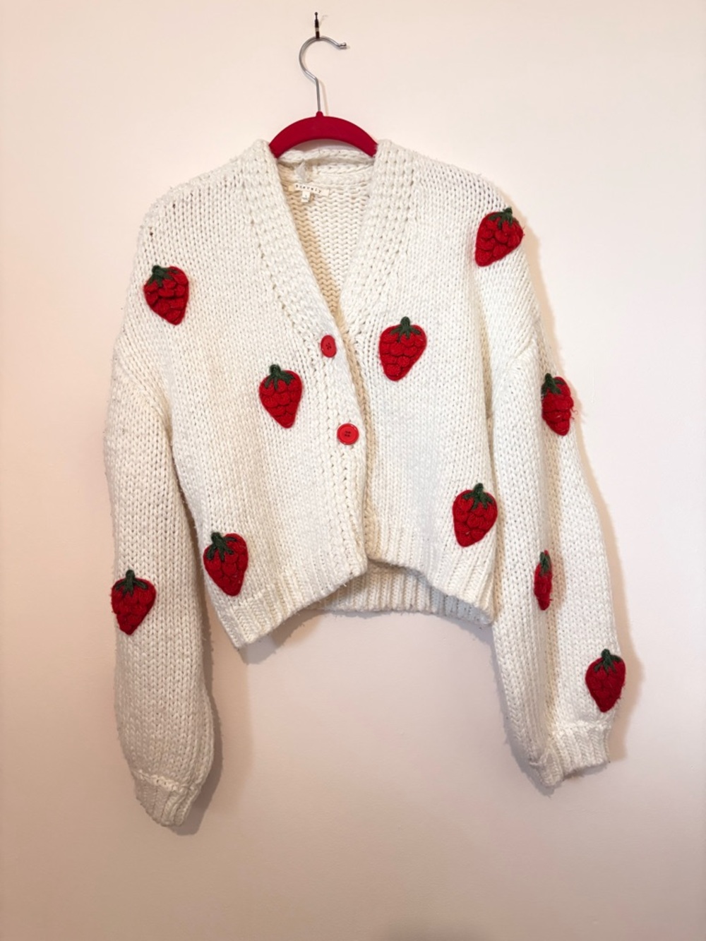 Beverly Feldman Cream Cropped Cardigan with Red Strawberry Appliqués